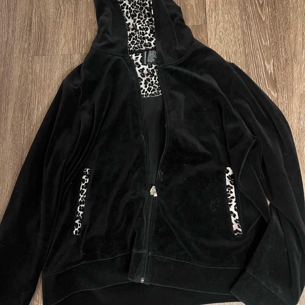 Black Velour Hoodie with Leopard Print Accents